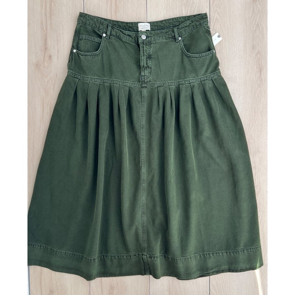 NWT Anthropologie Pilcro Pleated Basque-Waist Olive Green Denim Midi Skirt Sz 16 - Picture 13 of 14